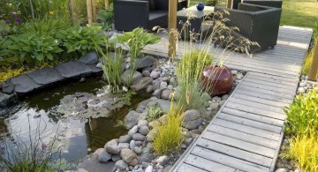 oriental garden design with pond and sitting area