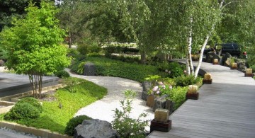 oriental garden design with wooden pathway