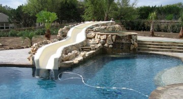 pool waterfall ideas with curved slide