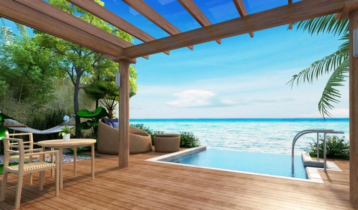 private wood pool deck overlooking the sea