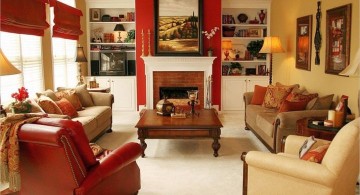 red wall accent with fireplace