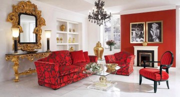 red wall accent with gothic chandelier