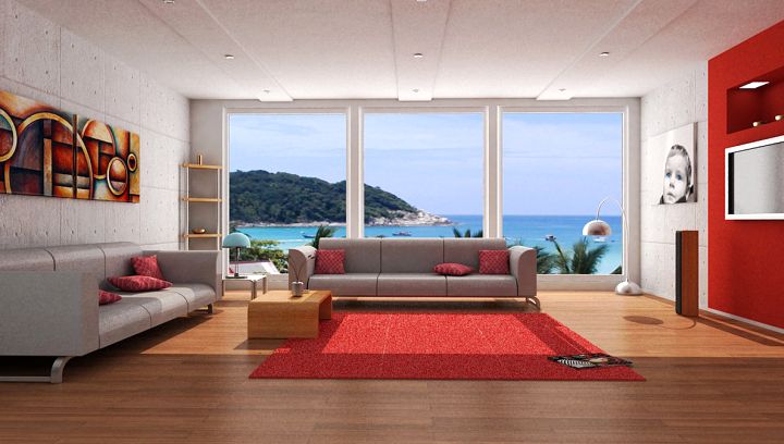 red wall accent with red rug