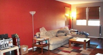 red wall accent with wooden floor and checkered rug