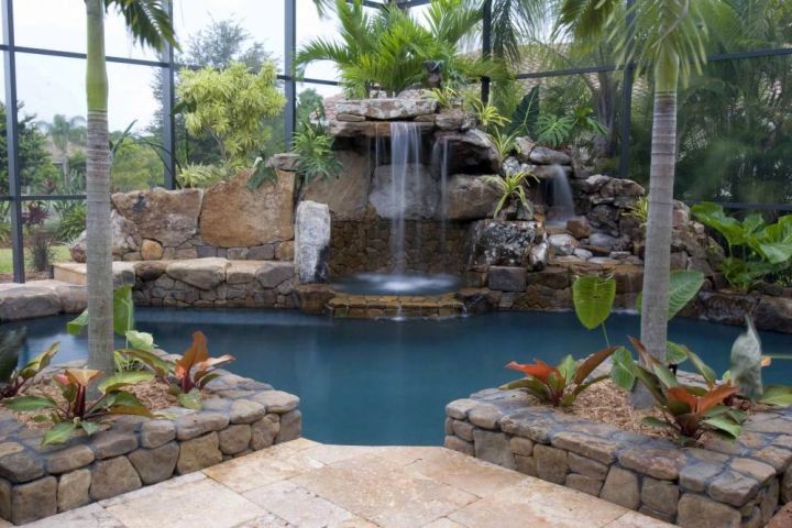 tall indoor pool waterfall ideas