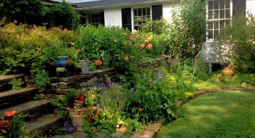 terraced flower garden in spacious backyard