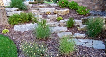 terraced flower garden with stone path