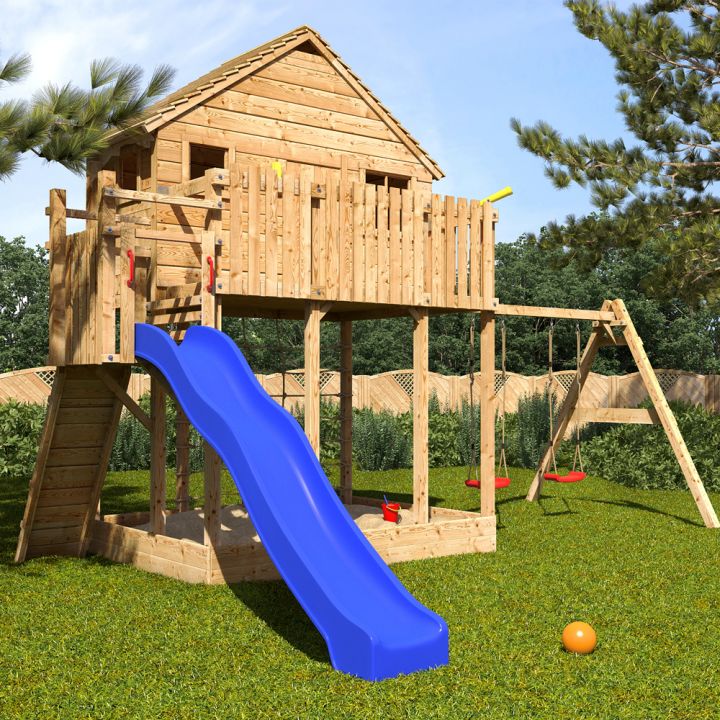 treehouse on stilts with slide and swing