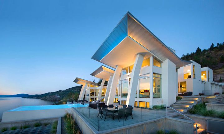 ultramodern lake house front facade