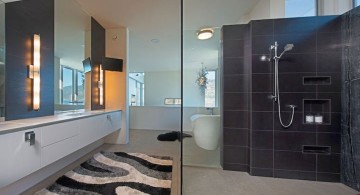 ultramodern lake house shower black tile