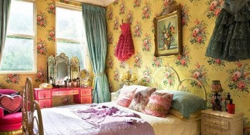 vintage bedroom decoration ideas with yellow flower wallpaper