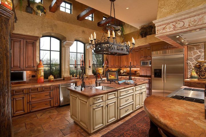 warm with tall ceiling mediterranean kitchen designs