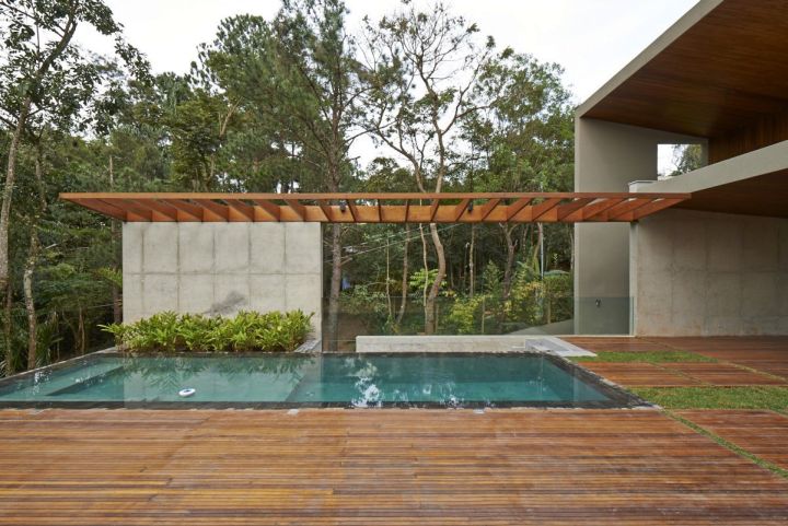 wood pool deck with patio