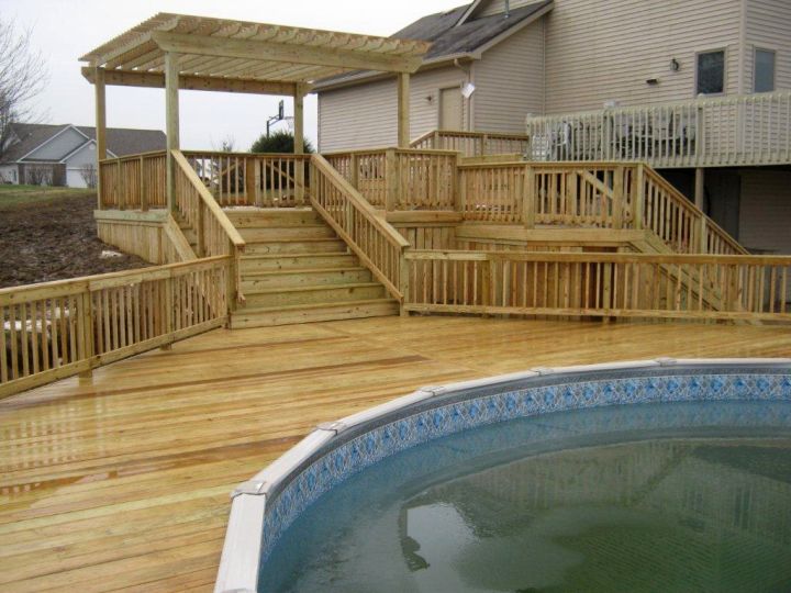 wood pool deck with stairs