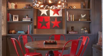 bookshelves in dining room with red dining chairs