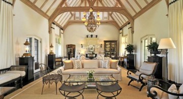 cathedral ceiling living room with unique beams placement