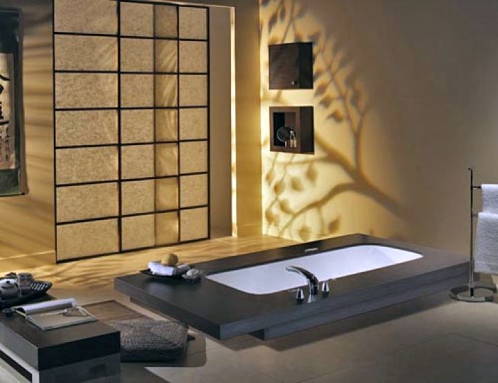 classy Japanese bathroom designs with paper walls and floor tub