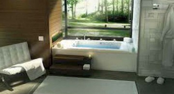 contemporary Japanese bathroom designs with tub outlooking the garden