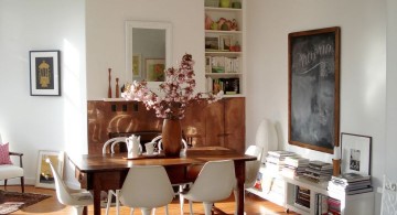 contemporary bookshelves in dining room