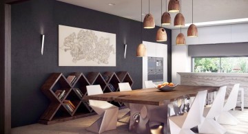 contemporary bookshelves in dining room with unique lamp