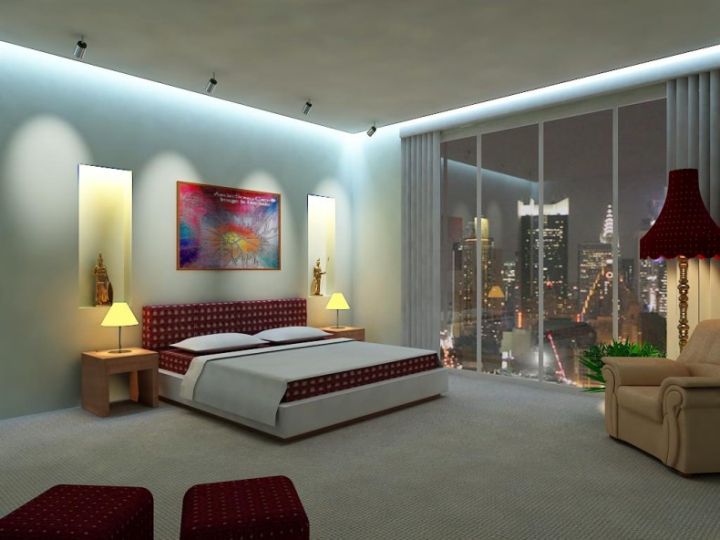 cool modern bedrooms with glass wall and red and white furniture