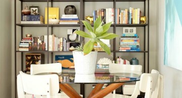 industrial bookshelves in dining room