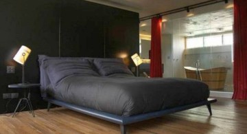 minimalist bachelor bedroom decorating ideas with black bed and industrial frame