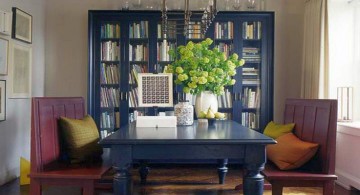 minimalistic blue bookshelves in dining room