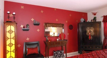 modern asian bedroom in red with rustic closet