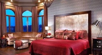 modern asian bedroom in red with unique chandelier