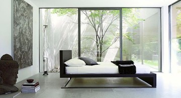 modern asian bedroom in white with floating bed