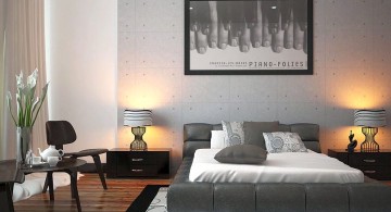 modern asian bedroom with grey bed and wooden floor