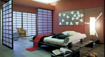 modern asian bedroom with red walls and asian door design