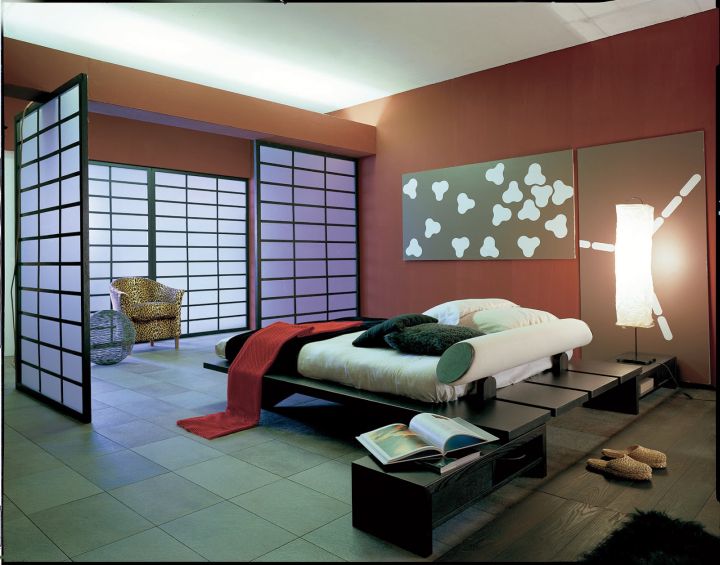 modern asian bedroom with red walls and asian door design