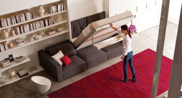 murphy bed couch ideas mounted to bookshelf and red rug flooring