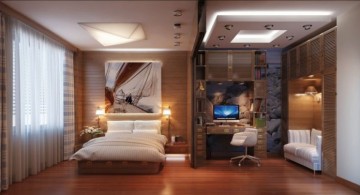 spacious modern asian bedroom with wooden floor