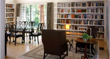 spacious mounted bookshelves in dining room