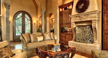 tuscan living room colors in sandstone and beige walls with dark wood coffee table