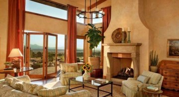 tuscan living room colors with beige walls and terracotta curtains