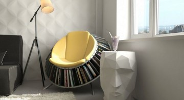 unique yellow round reading chair that also a bookshelf