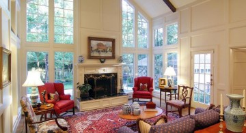 warm cathedral ceiling living room with red rug